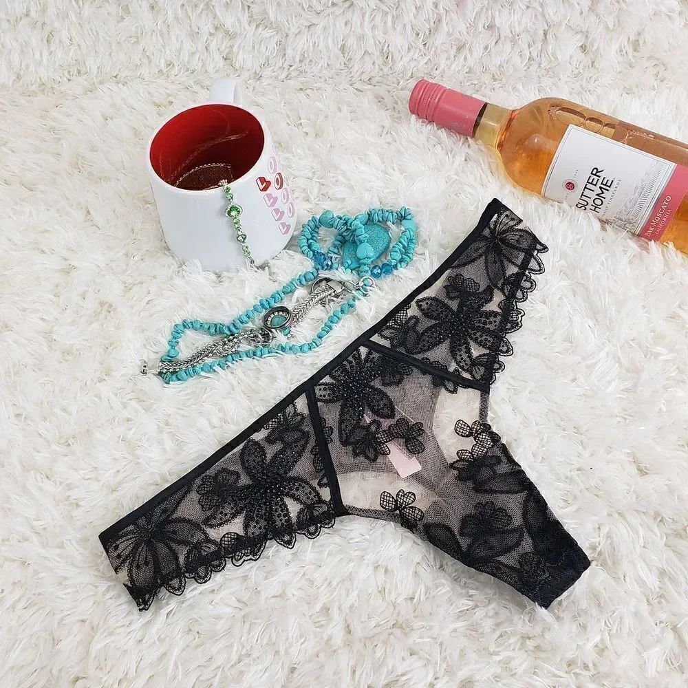 Victoria's Secret THONG LARGE Black Lace mesh rhinestones flowers Very Sexy
